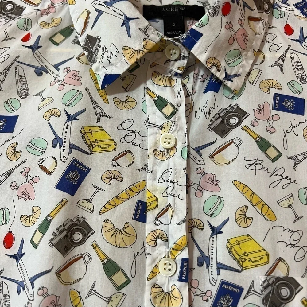 J. Crew | Parisian Novelty Print Popover Top French Paris Travel Shirt Size 2